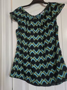 Worthington Black, Teal & Yellow Geometric Cap Sleeve Top